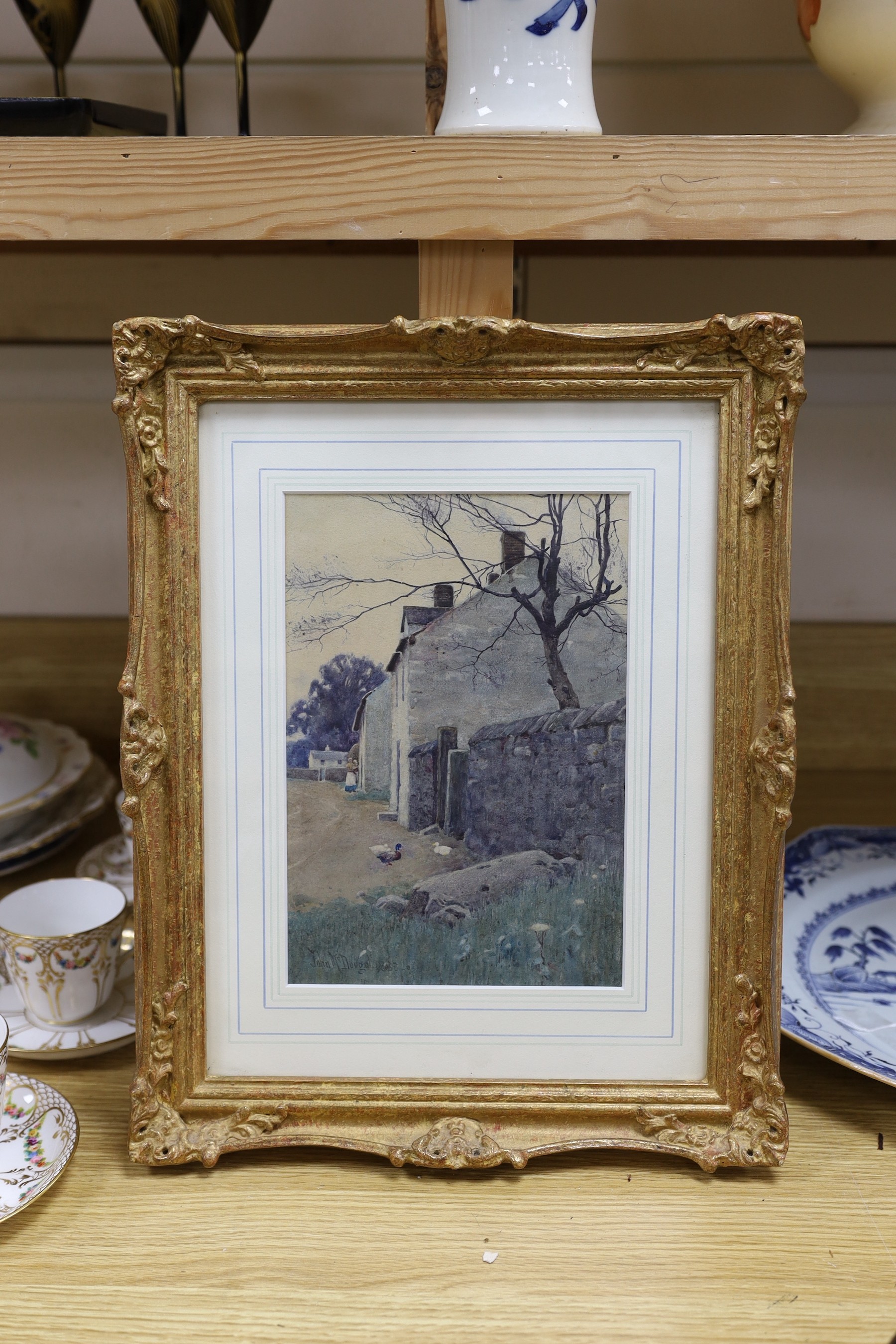 John McDougal (1851-1945), watercolour, Ducks beside cottages, signed and dated 1888, 24 x 16cm